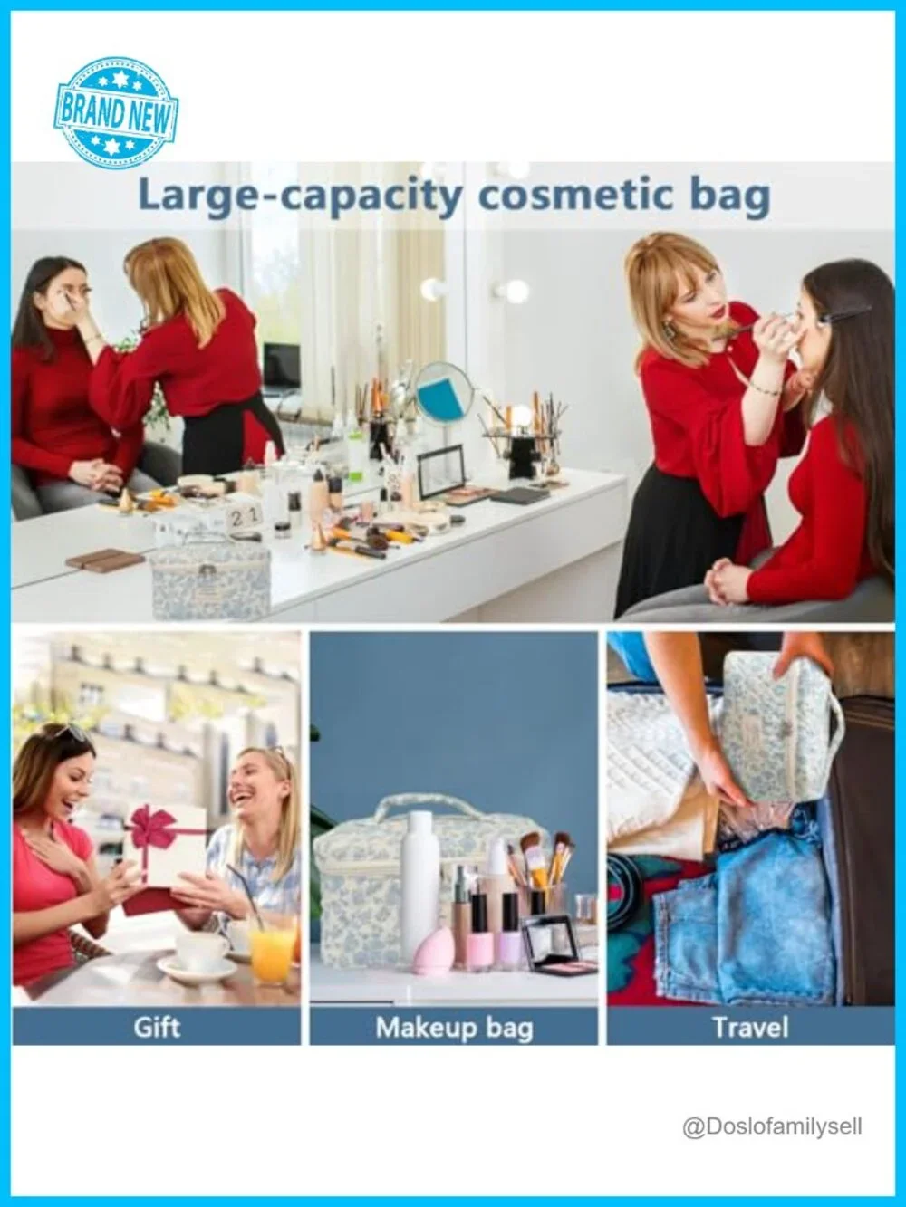 Large Cotton Cosmetic Bag for Travel - Floral Toiletry Organizer Pouch